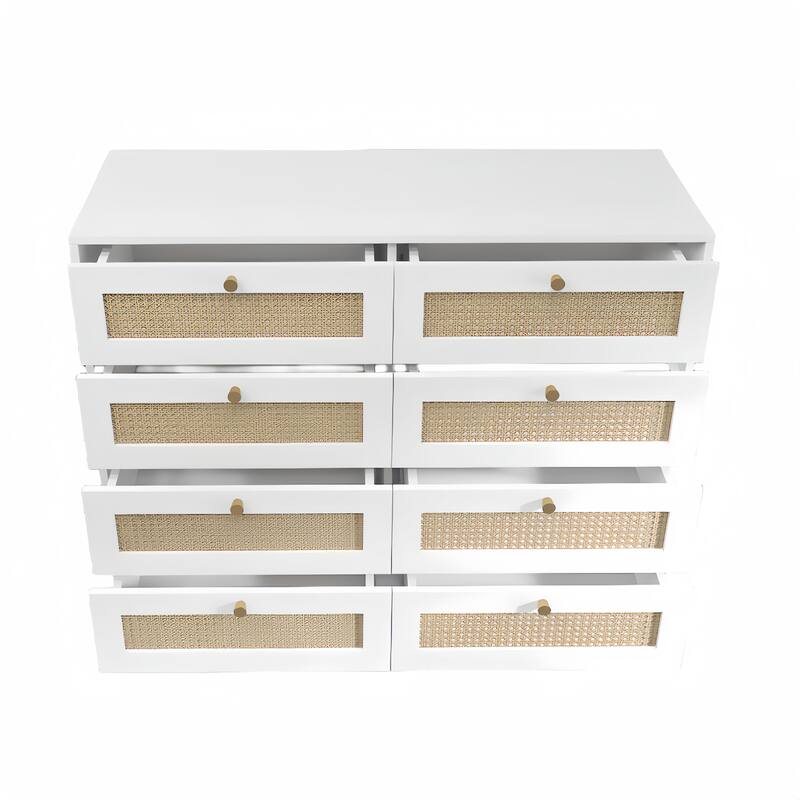 White 8-Drawer Dresser with Rattan Drawers and Gold Legs and Handles