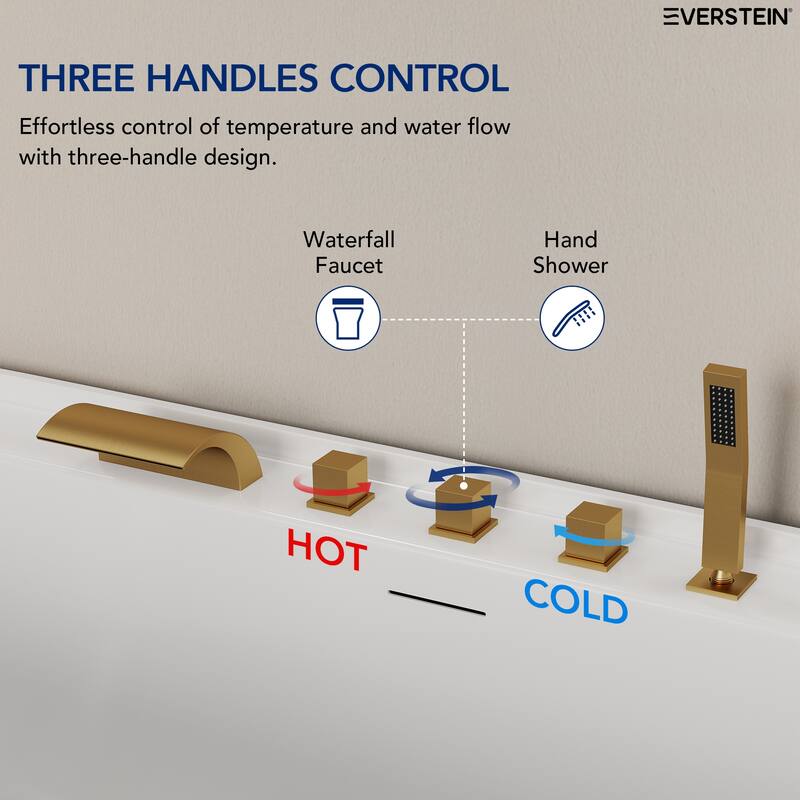 5-Hole 3-Handle Deck-Mount Waterfall Tub Faucet with Hand Shower,Waterfall Spout Bathtub Faucet