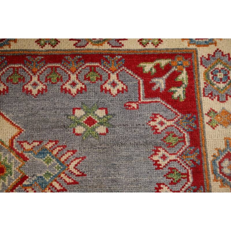 Gray Geometric Kazak Oriental Accent Rug Hand-Knotted Wool Carpet - 3'5" x 4'10"