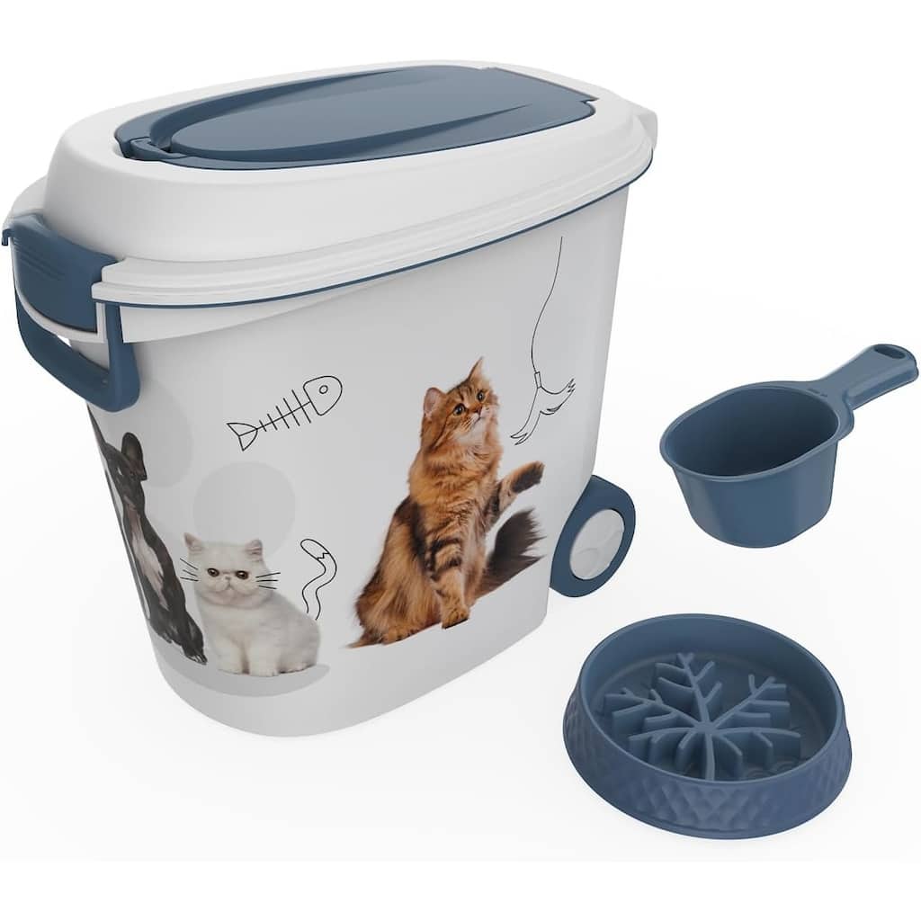 Pet Food Storage Container with Wheels Resin dog food scoop, slow-feed bowl waterproof and moisture-proof (BLUE)