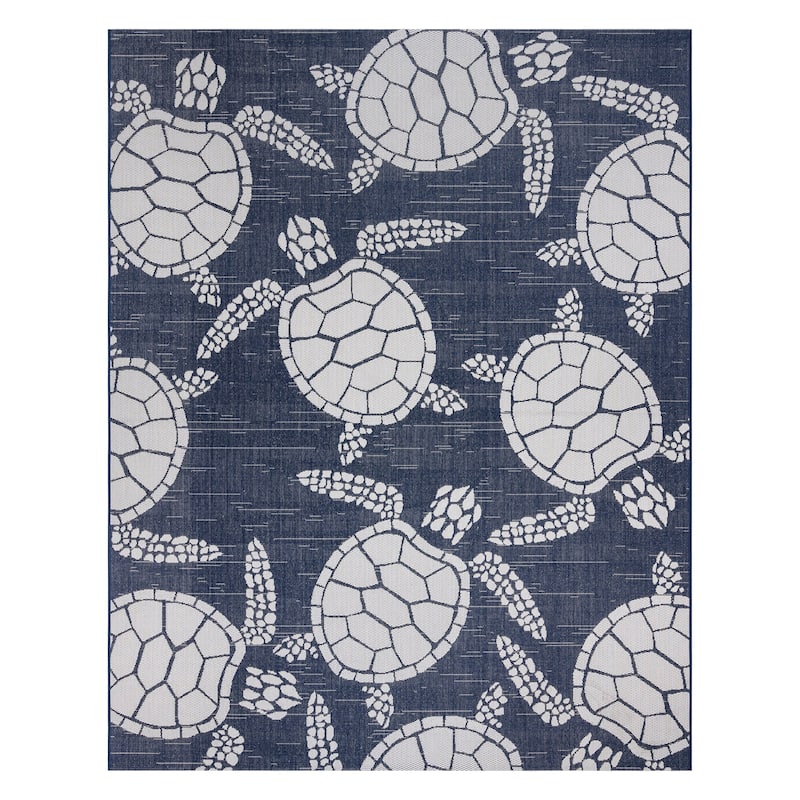 Gertmenian Paseo Tortue Tropical Sea Turtle Polypropylene Flatweave Indoor/ Outdoor Area Rug - 6'6"x9'6" - Navy/ White