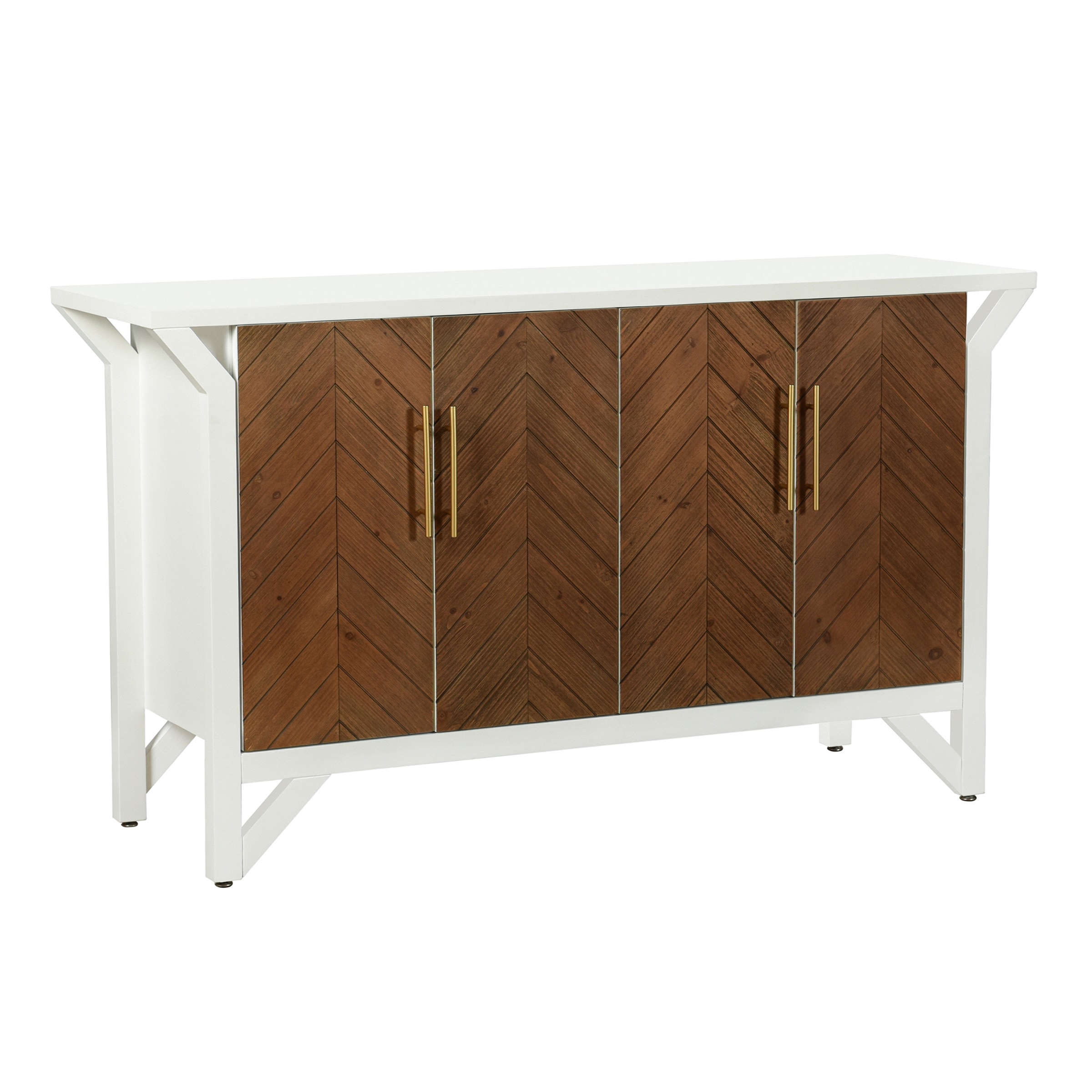 StyleCraft Norman Wyatt Home - 4-Door Wooden Chevron Cabinet - White & Amber