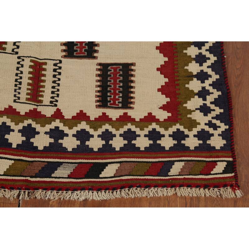 Beige Kilim Qashqai Persian Vintage Rug Hand-Woven Wool Carpet - 3'6"x 6'11"