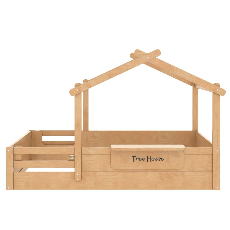 Kids House Floor Bed with Guardrails, Roof & Built-in Tray - Queen/Full/Twin Size, Childlike Design