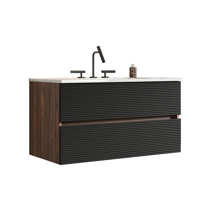 GDFStudio - Gloria Modern Wall-Mounted Floating Bathroom Vanity with Integrated Ceramic Basin & Soft-Close Drawers