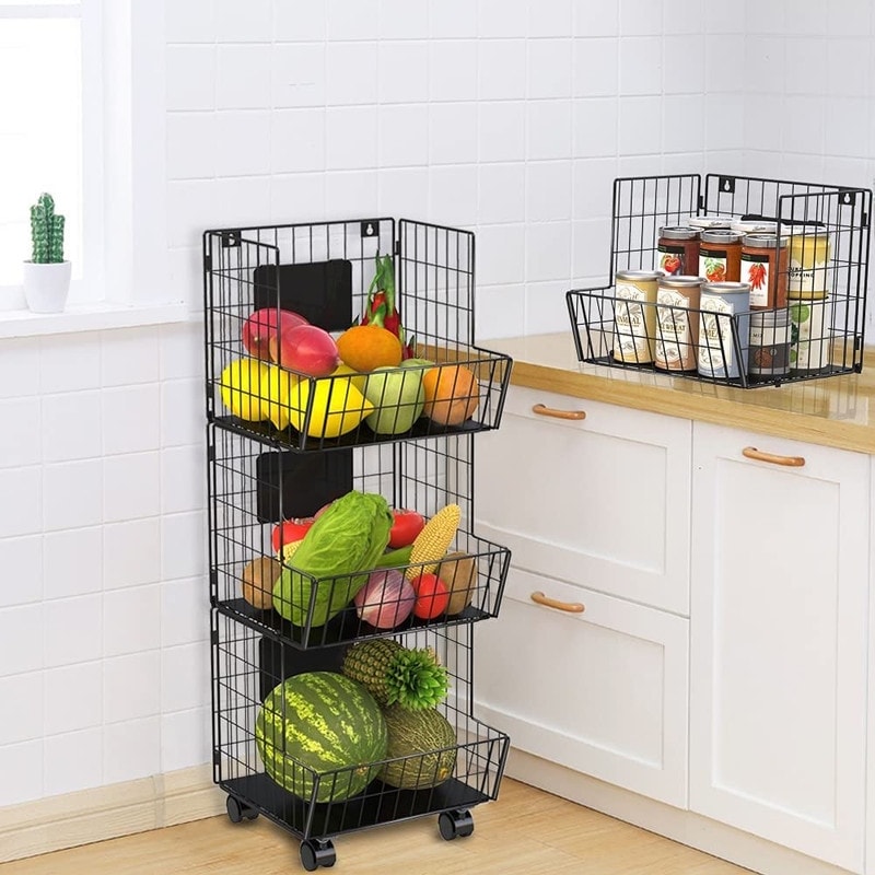 3-Tier Metal Kitchen Storage Basket with Tray, Stackable Detachable Fruit  Vegetable Storage