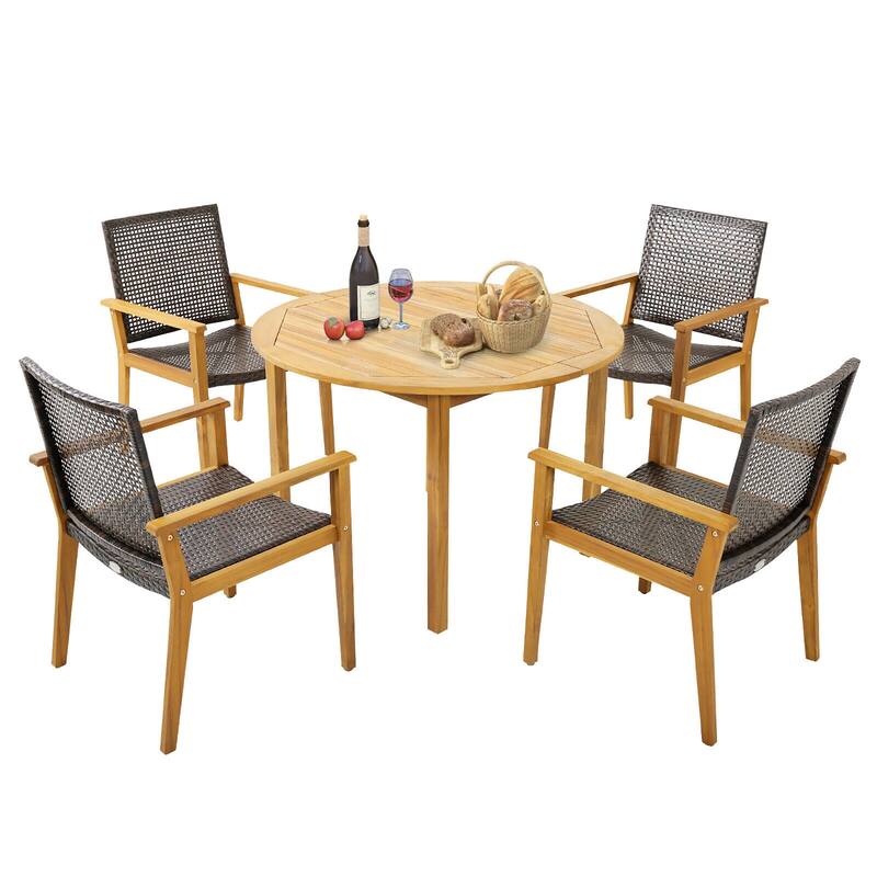 Gymax 5 PCS Patio Dining Set Round Acacia Wood Table 4 Wicker - Brown