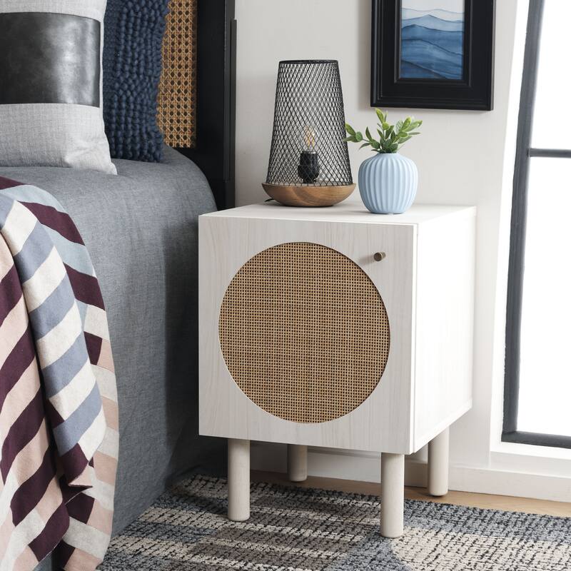SAFAVIEH Barrie Single Door Nightstand - Bleached White/Natural Rattan