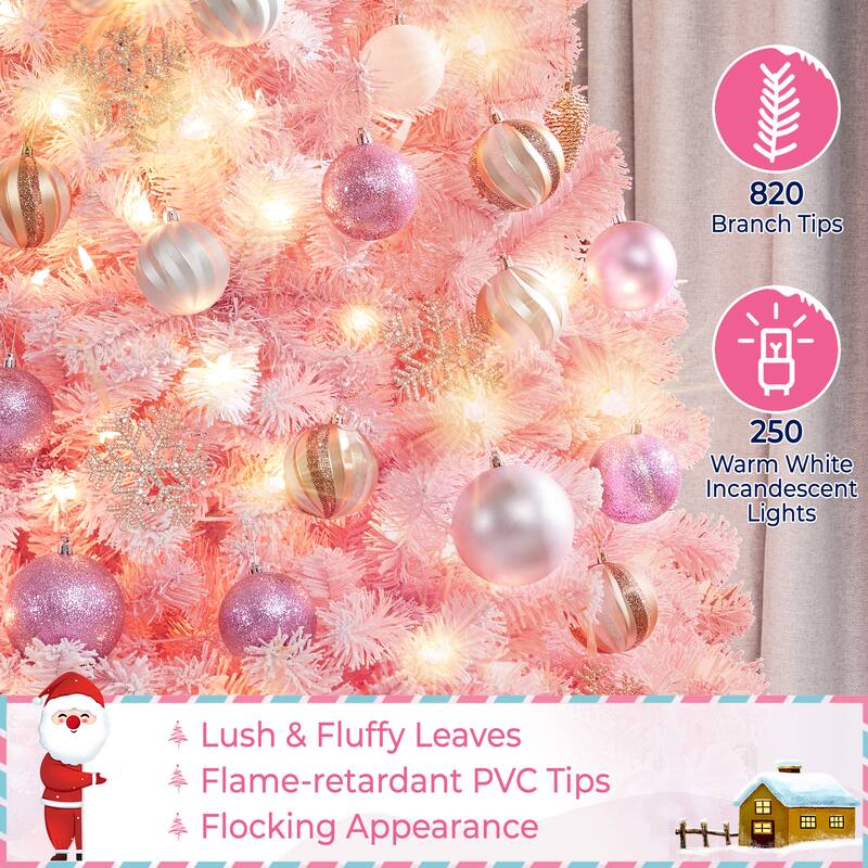 Yaheetech 4.5ft/6ft/7.5ft Pre-lit Flocked Artificial Christmas Tree with Incandescent Warm White Lights, Pink Gradient