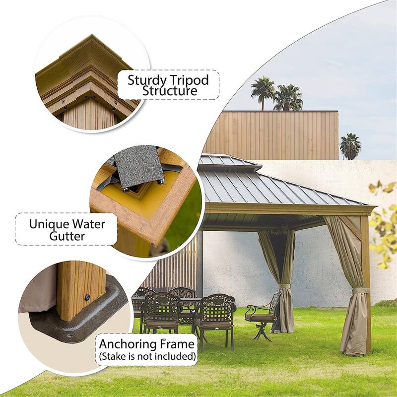 12'x14' Wood-Look Aluminum Hardtop Gazebo with Double Steel Roof, Bug Netting & Privacy Curtains for Outdoor Patio