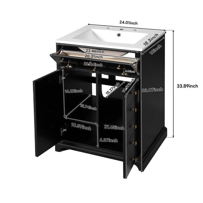 Roomfitters 24" Vanity with Ceramic Sink, Bathroom Cabinet with Drawer and 2 Soft Closing Doors, Compact Storage, Black