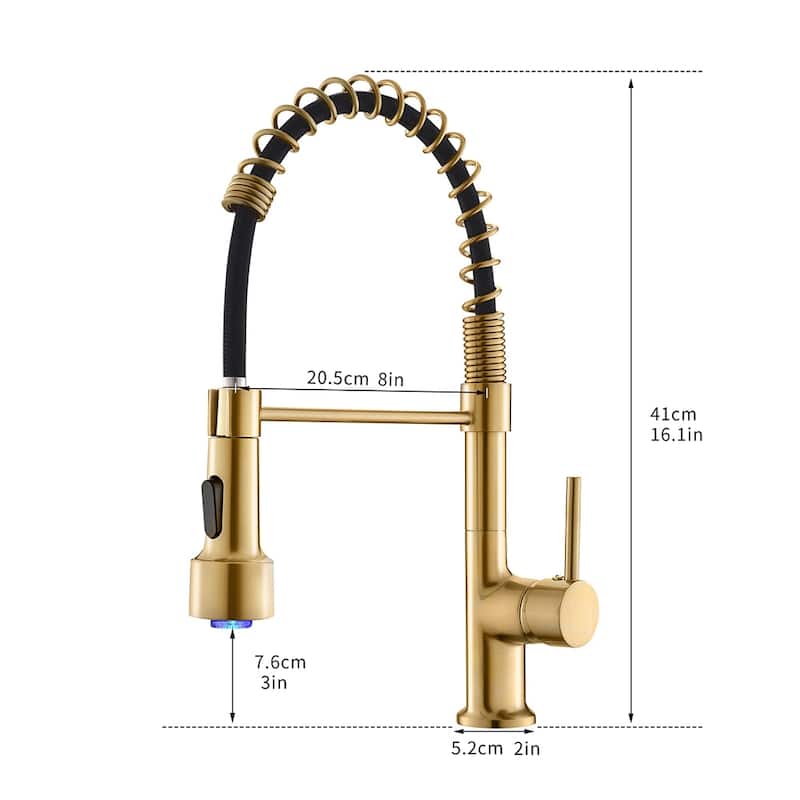Single Handle Commercial LED Kitchen Sink Faucet With Pull Down Sprayer Brushed Gold Modern Spring Single Hole Basin Taps