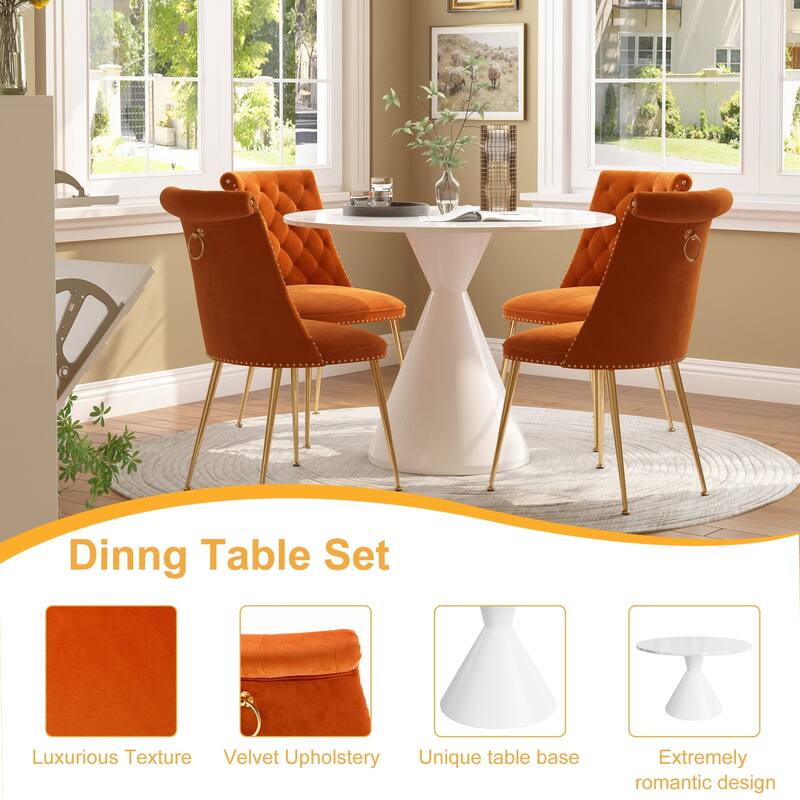 48" Light Luxury White High Gloss Large Countertop Dining Table with Velvet Dining Chair Set