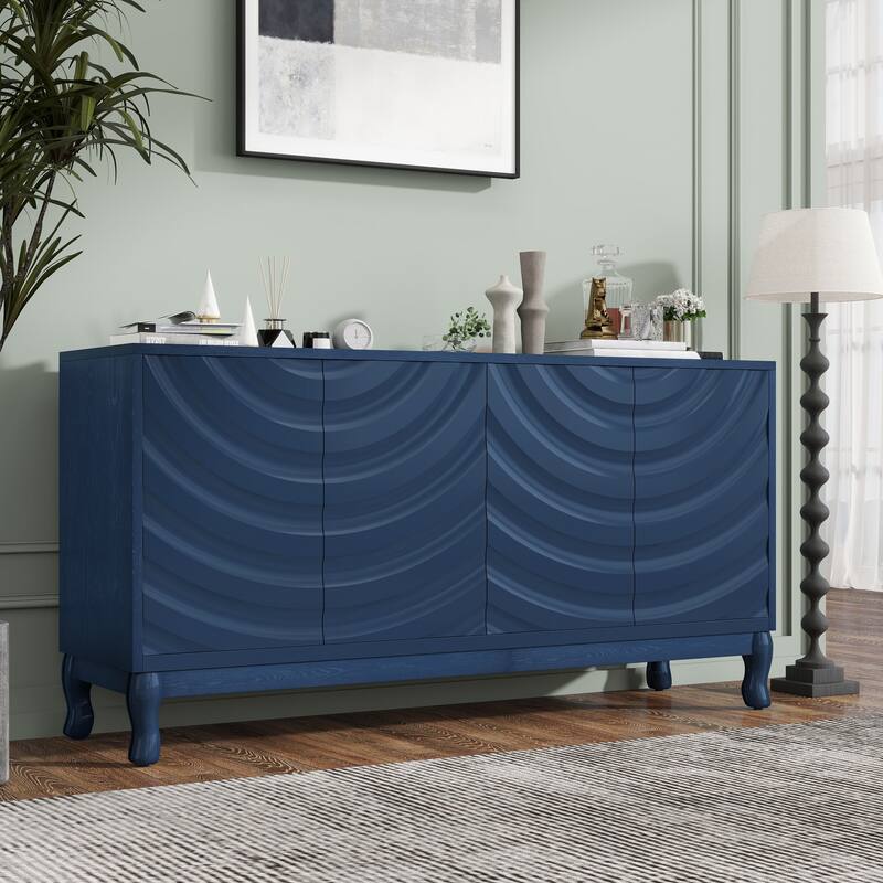 Elegant Sideboard Featuring Sophisticated Wavy Pattern Doors,Adjustable,Suitable for Study, Entryway and Living Room - Blue