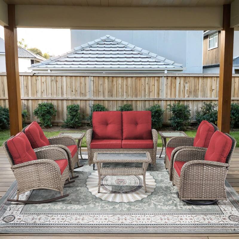 Gymojoy Outdoor Wicker Patio Furniture Loveseat Glider & Chair Set Weather-Resistant - Grey Wicker / Red Cusion - Loveseat Set -  Swivel Chairs & Rocking Chairs