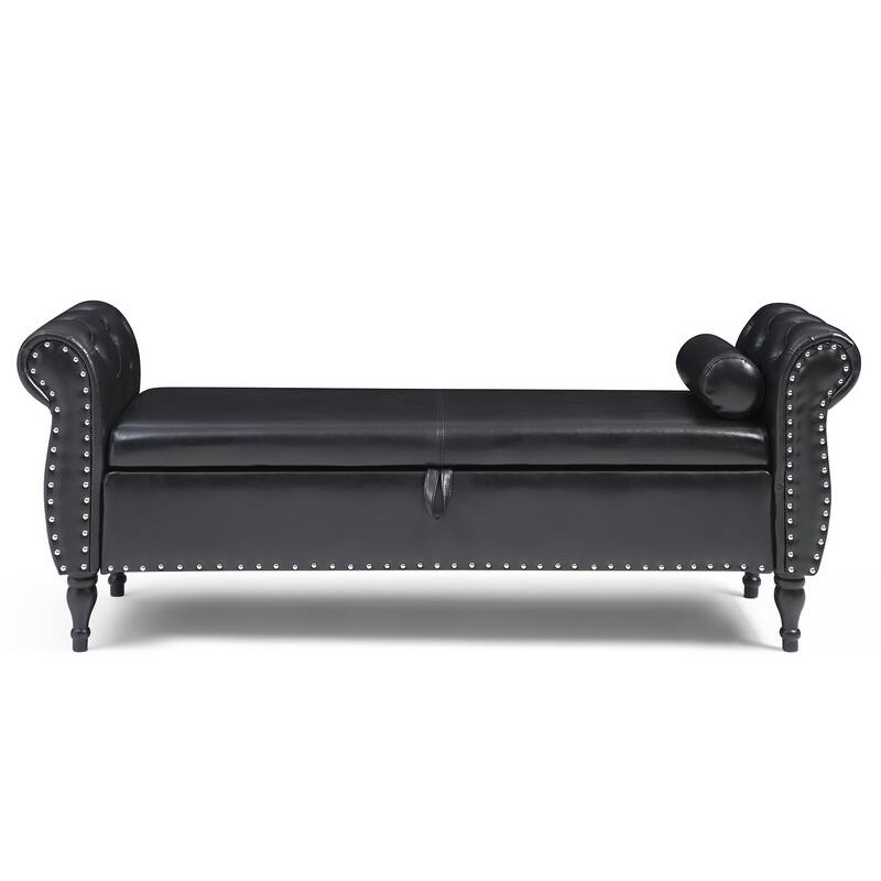 63" PU Upholstered End of Bed Bench Flip Top Entryway Ottoman with Safety Hinge Storage Rectangular Sofa Stool Buttons