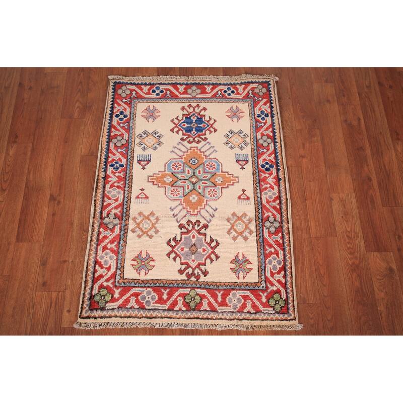 Ivory Geometric Kazak Oriental Foyer Rug Hand-Knotted Wool Carpet - 2'0" x 3'0"