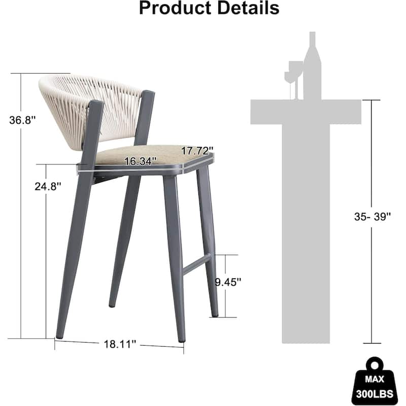 PURPLE LEAF Bar Stool Set of 2 Outdoor Rattan Bar Chair with Back Metal Bar Height Stool Wicker Barstool Dark Grey - N/A