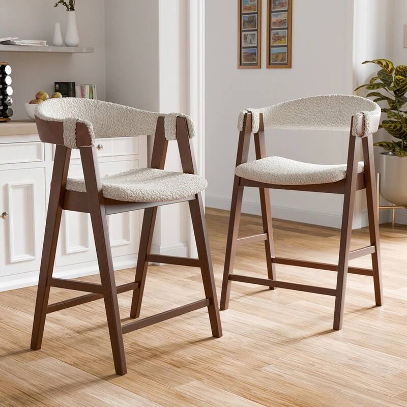 Set of 2 Boucle Upholstered Stools in Walnut and Beige
