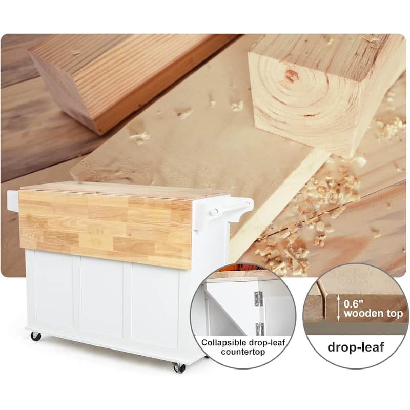 Rolling Kitchen Island with Drop Leaf - Mobile Cart with Wooden Countertop, Spice Rack, Adjustable Shelves & Drawers