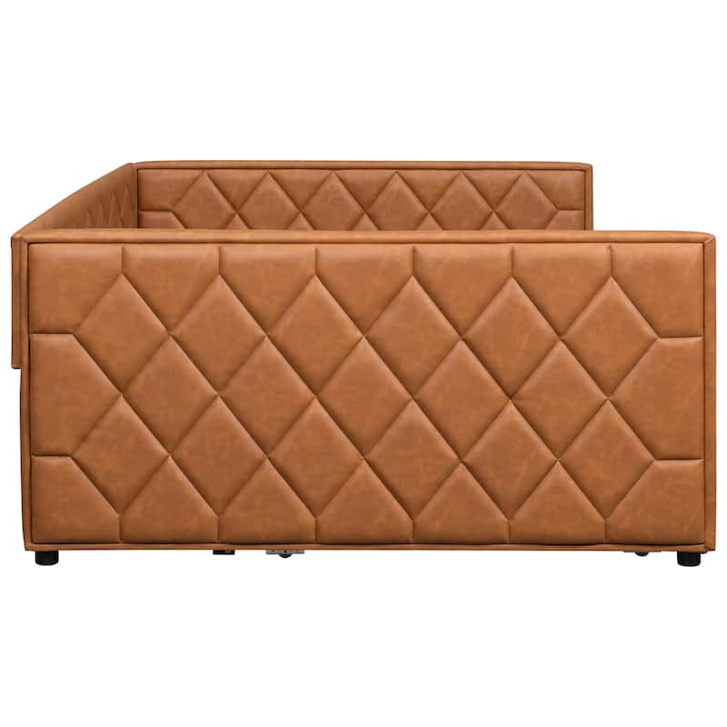 Full XL Size Upholstered Daybed with Trundle Bed and LED Armrests, Rhombic Blocks Frame Sofa Bed, U-shape Bed Frame
