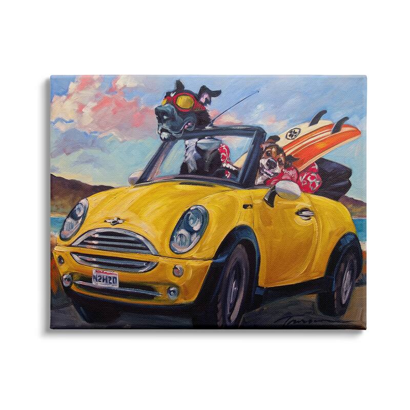 Stupell Pet Dogs Yellow Convertible Surfboard Beach Car Canvas Wall Art - 20 x 16