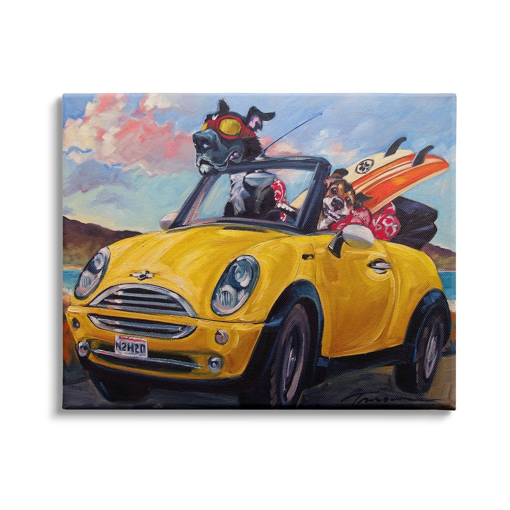 Stupell Pet Dogs Yellow Convertible Surfboard Beach Car Canvas Wall Art