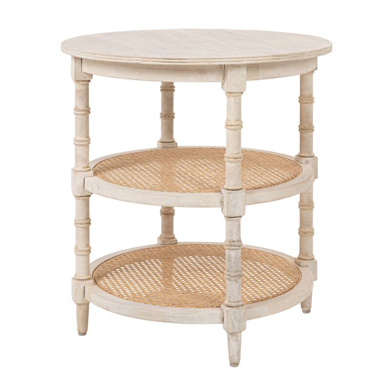 Round Mango Wood Table with 2 Cane Shelves