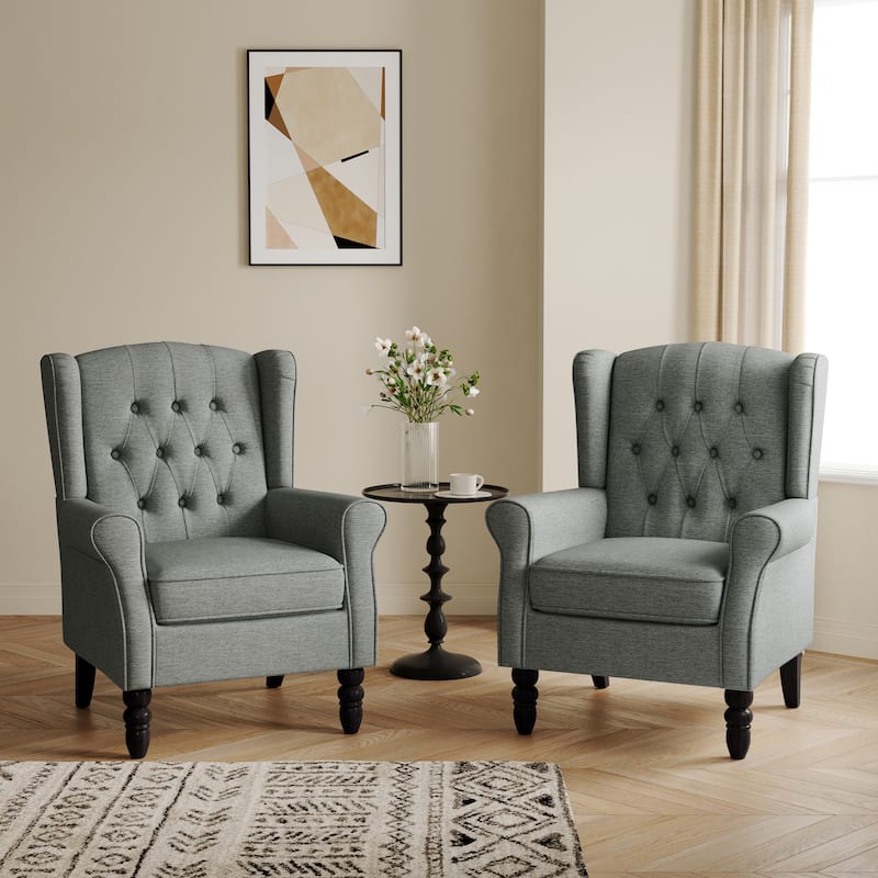 Button-Tufted Accent Club Chair Wingback Armchair Set of 2 - Gray
