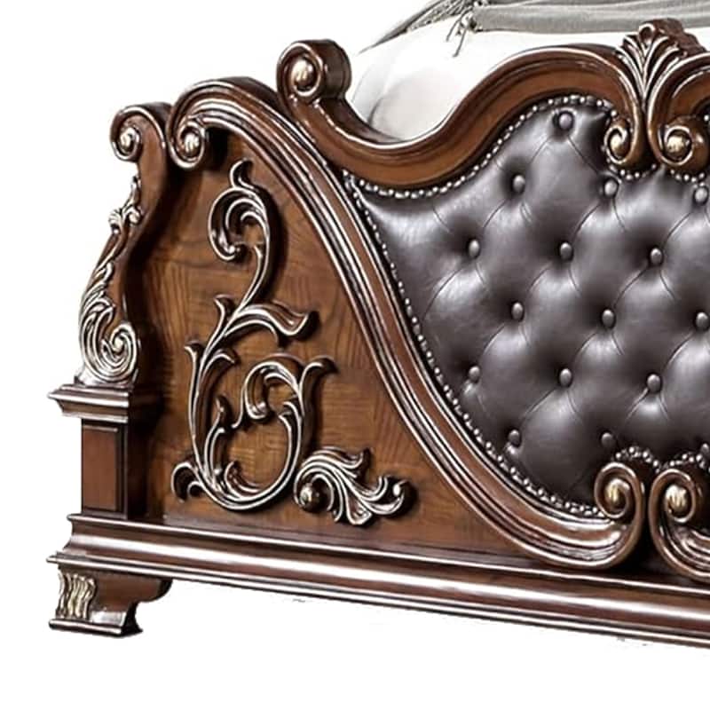 Prio Queen Bed with Carved Details, Brown Button Tufted Faux Leather