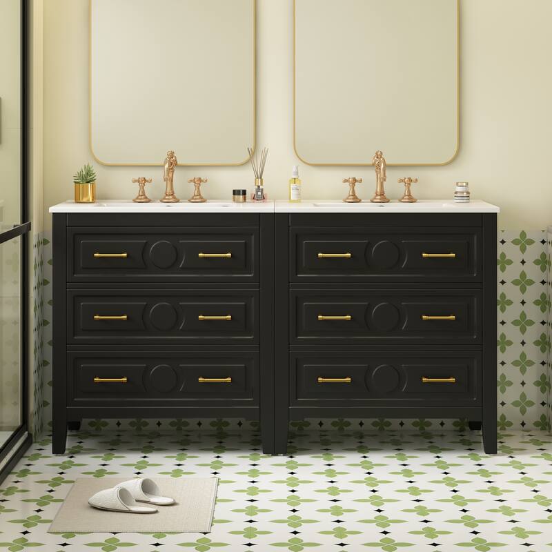 60'' Bathroom Vanity With Ceramic Sink Combo,Free Standing Single Vanity Set With 3 Drawers,Solid Wood Frame Storage Cabinet