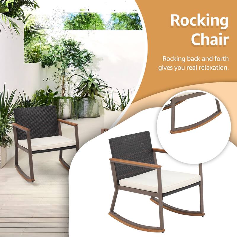 3 Piece Rocking Chair Patio Bistro Set Balcony Chairs Conversation Sets With Coffee Table & Cushions