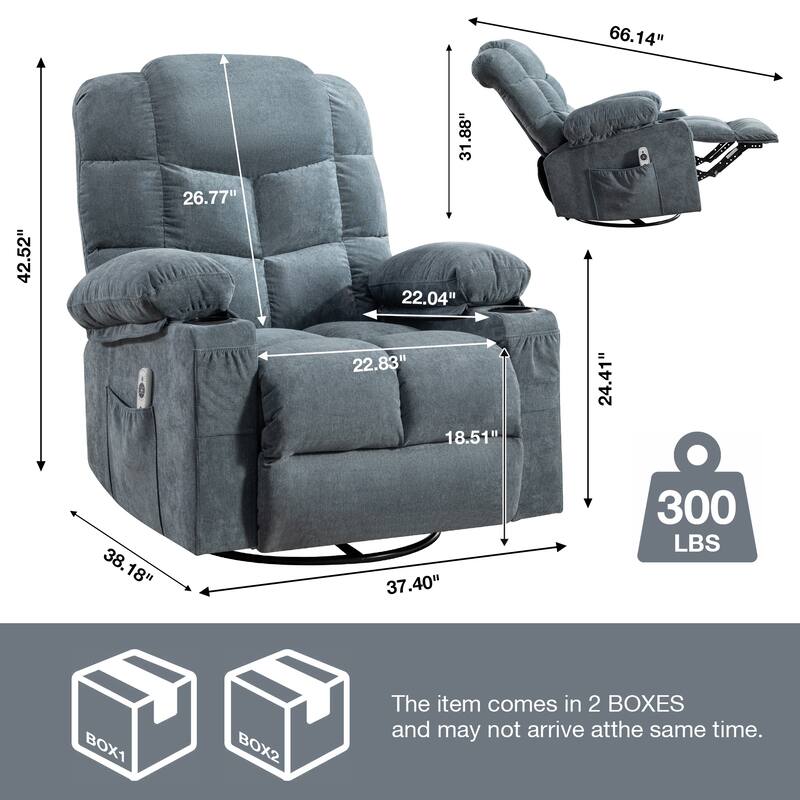 Manual Massage Recliner Chair, Overstuffed Rocker Chairs with Heat and 2 Cup Holders & USB Charge Port, for Living Room