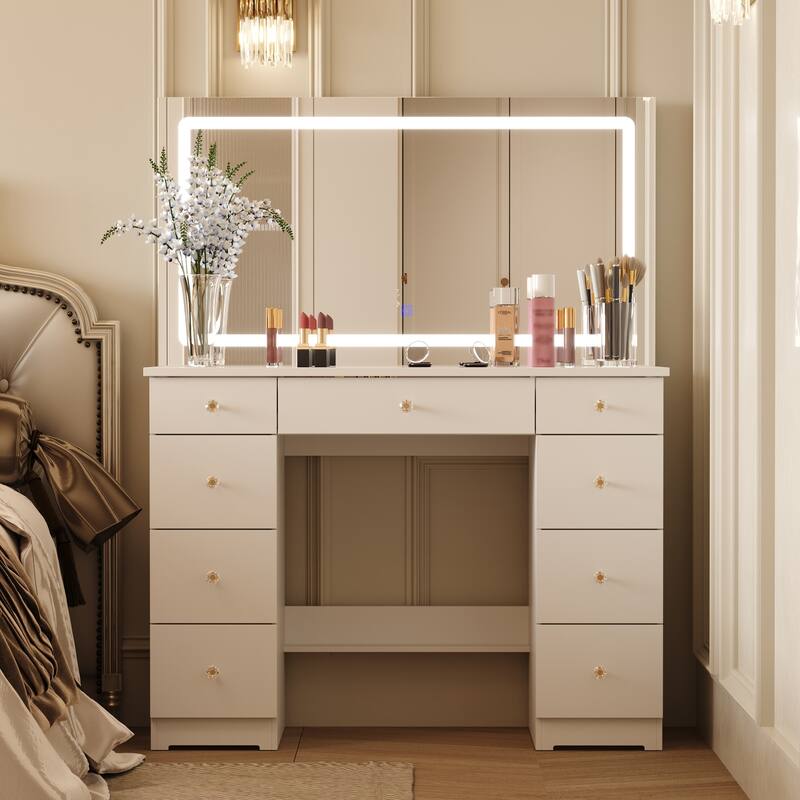 LED Lighted Vanity Table with MirrorMakeup Dressing Desk with Glass Top Makeup Vanity Desk