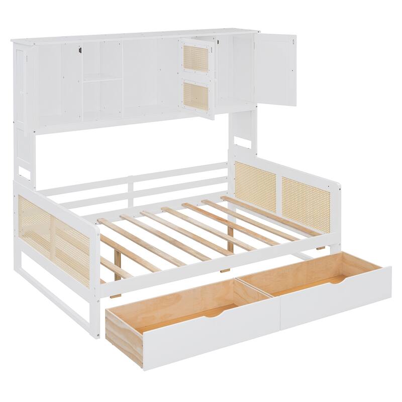 Full Size Wooden Daybed with 2 Drawers and All-in-One Cabinet and Shelf for Practical Bedroom Storage, Platform Bed Frame