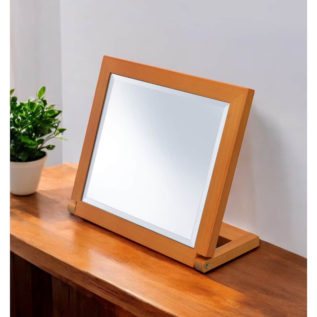 HomeRoots 8" Brown Wood Framed Freestanding Makeup Shaving Tabletop Mirror - 5.25