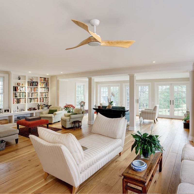 52" Solid Wood Noiseless 3-Blade Ceiling Fans with Dimmable LED Light Optional and Remote, 6-Speed Reversible DC Motor - White with Solid wood Blades/Withoutlights