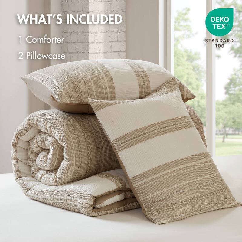 GDF Studio - Amara Textured Cotton Comforter 3-Piece Set with Waffle and Gauze Weave