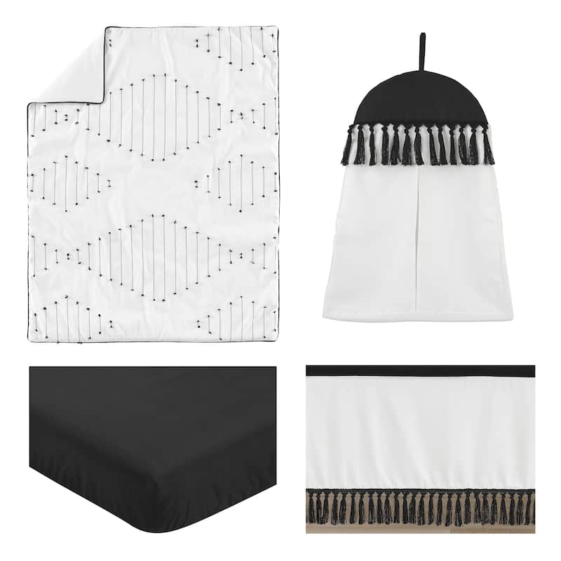 Sweet Jojo Designs Black White Boho Stitch Boy Girl Gender Neutral Unisex 4p Nursery Crib Bedding Set Farmhouse Bohemian Fringe