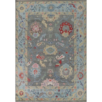 Gray Floral Oushak Oriental Area Rug Hand-Knotted Wool Carpet - 9'0"x 11'9"
