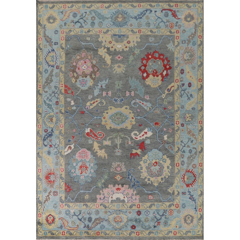 Gray Floral Oushak Oriental Area Rug Hand-Knotted Wool Carpet - 9'0"x 11'9"