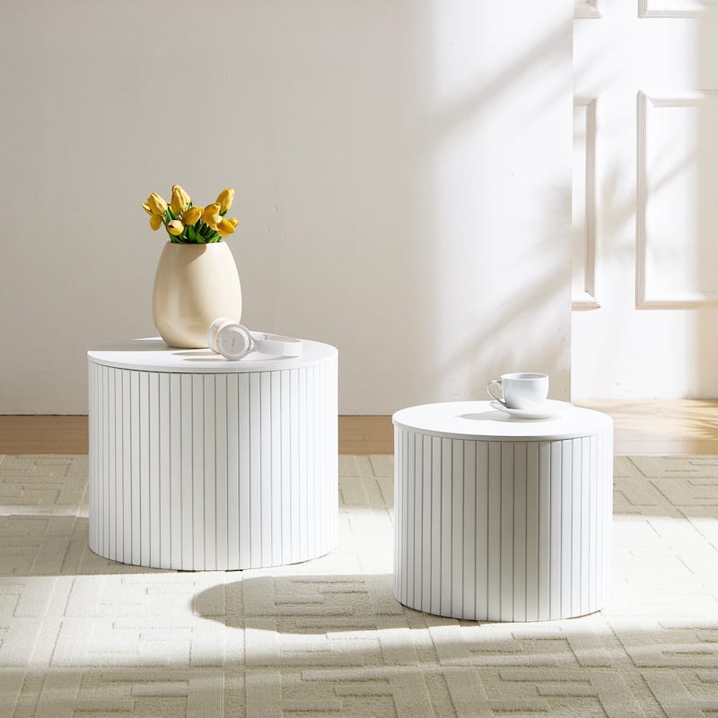 Set of 2 Round Nesting Tables, Vertical Stripe Coffee Table Sets with Hidden Storage and Disassembled Tabletop