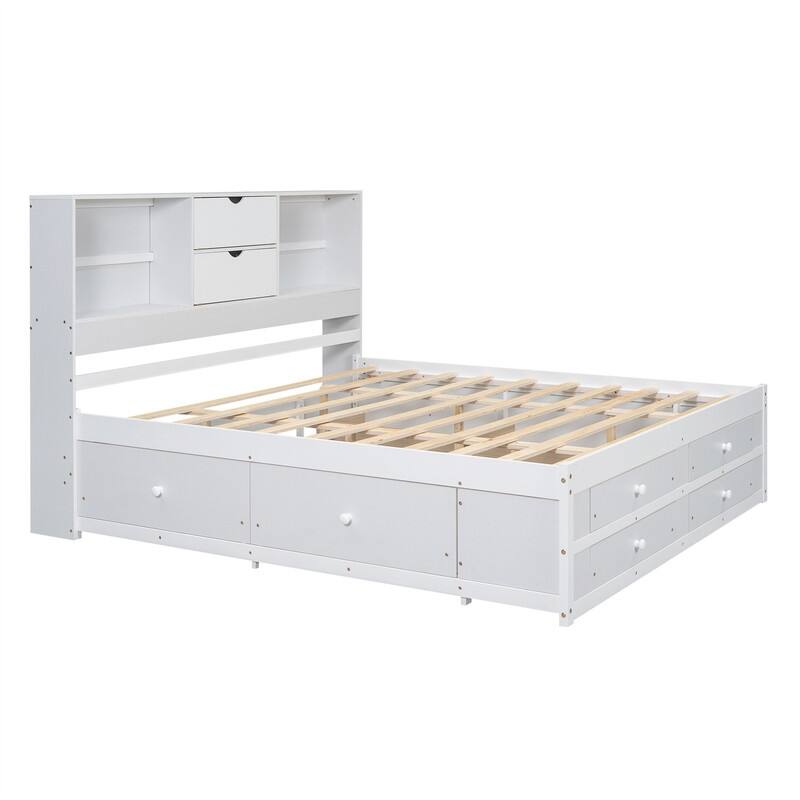 Queen/King Size Captain Bed with Storage Bookcase Headboard, Solid Wood Platform Bed Frame with 8 Storage Drawers and Slats