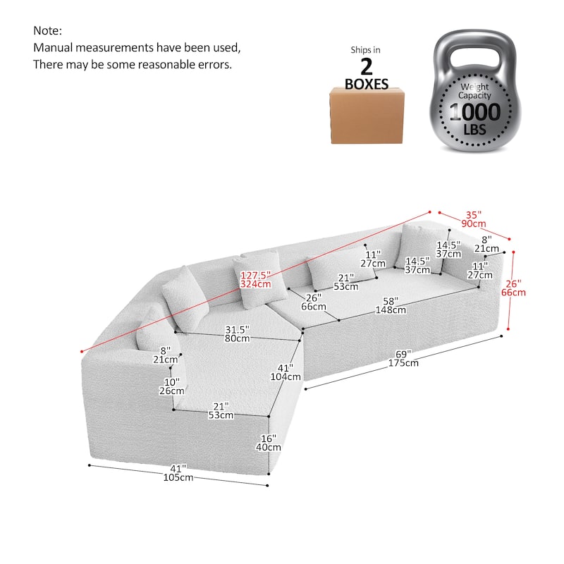 127.5" Polyester Modular Cloud Couch, Deep Seat, No Assembly