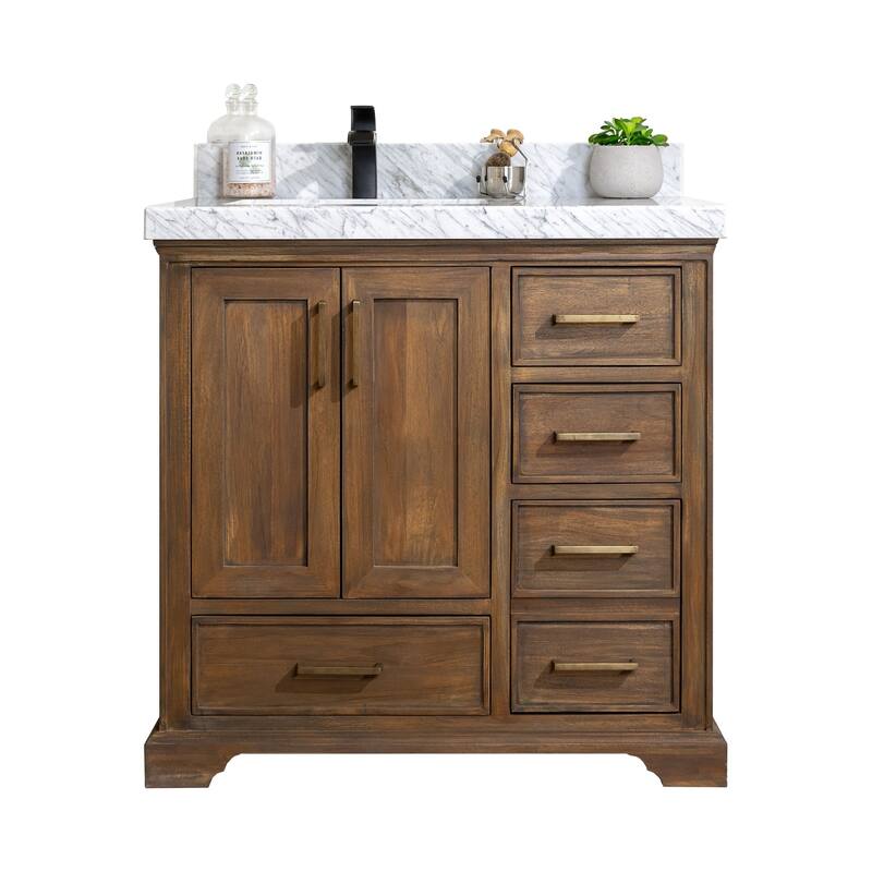 Willow Collections 36 in. W x 22 in. D Charlotte Teak Left Offset Sink Bathroom Solid Teak Vanity with Countertop - 2" Carrara Marble - Grey