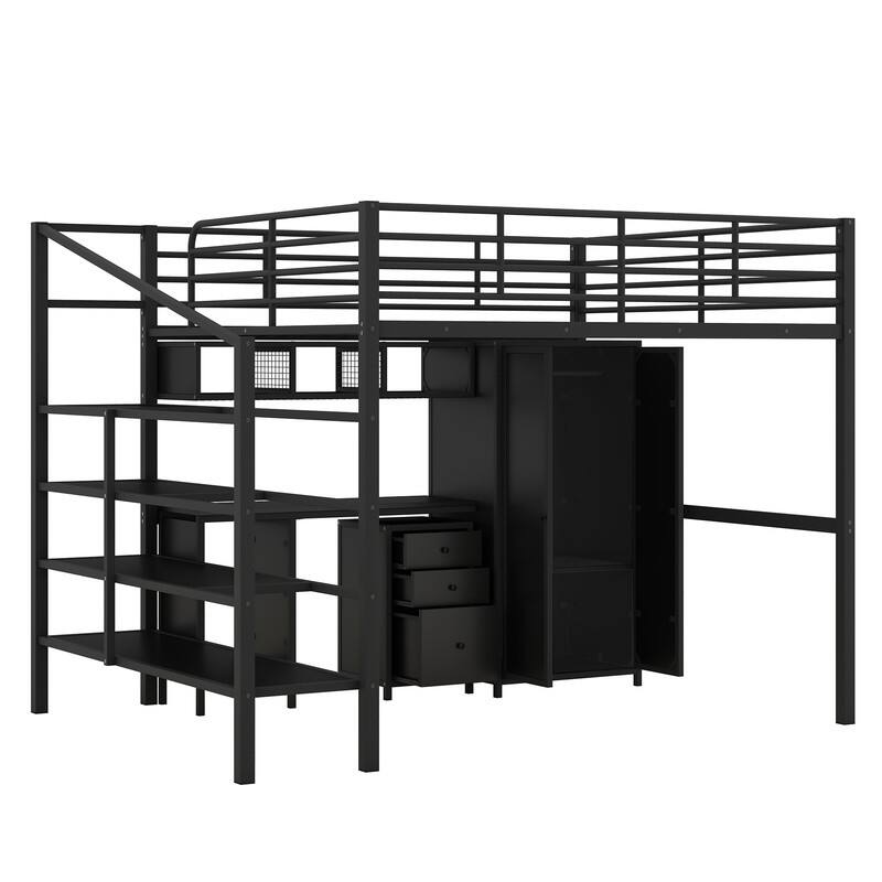 Metal Full Size Loft Bed with Builtin Desk and Drawers, Sturdy