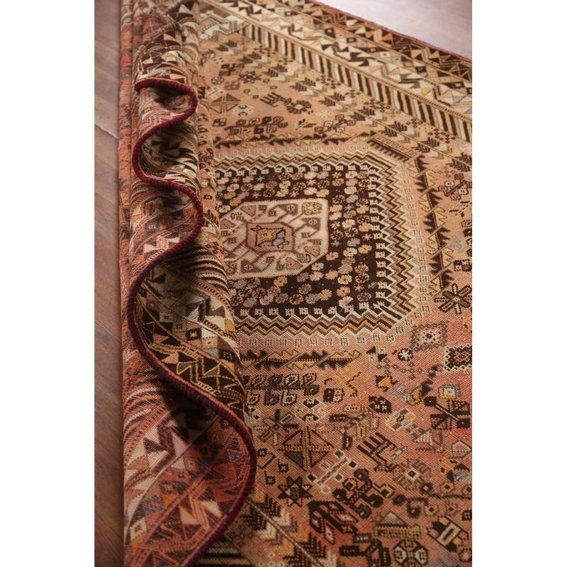 Hand Knotted Oriental 100% Wool Carpet Traditional Tribal Peach Shiraz Area Rug - 8' 7'' X 5' 6''