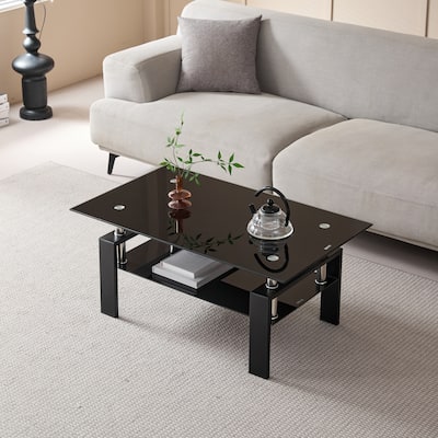 Tempered Glass Coffee Table Dining Table with Open Shelf, 2-Layer End Table Office Table with Sleek Waterfall Edges