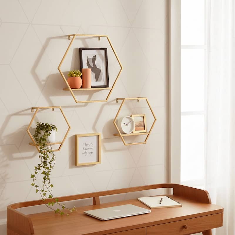 Metal Wood Hexagon Wall Shelf Set of 3 - Gold, 11/12/14" - 16.0" - 16.0" - Gold/ Metallic