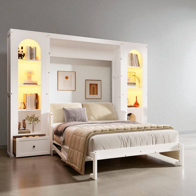 Queen Size Murphy Platform Bed with LED Shelves, Side Cabinets, Desk Panel and Storage Drawers